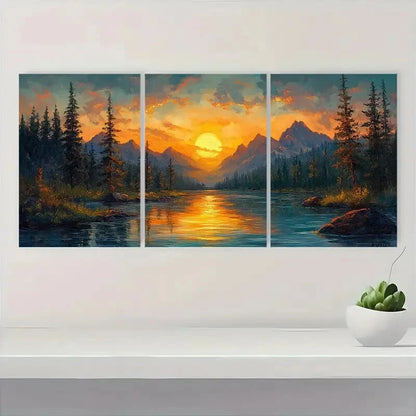 3pcs Mountain Sunrise Warm Golden Skies over Deep Metal Print Ready to Hang Art - Bella Home Decor