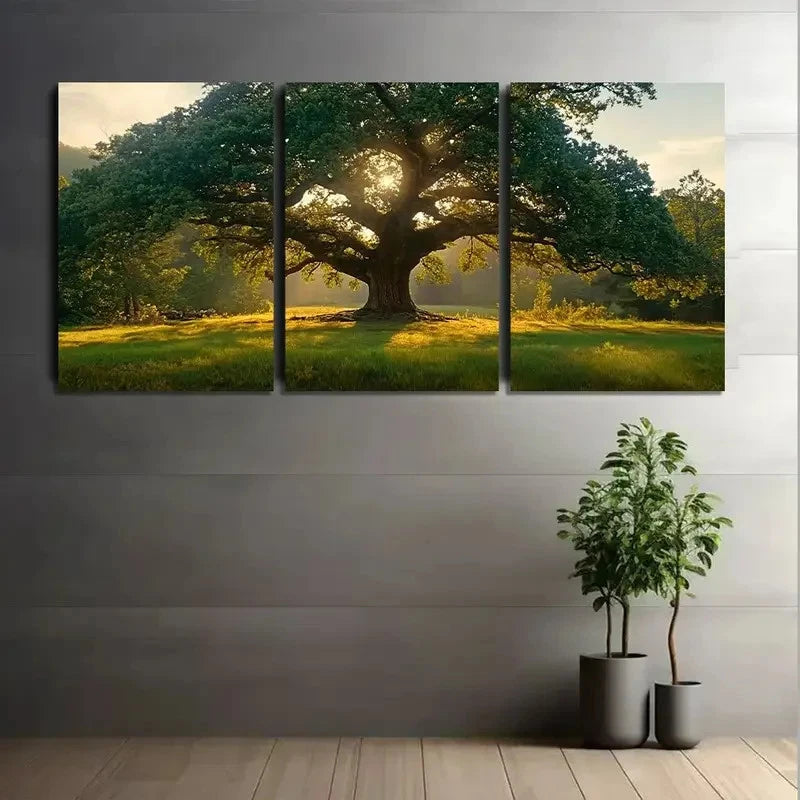 3pcs Oak Tree in Open Meadow Triptych Nature Scene Metal Print Ready to Hang Art - Bella Home Decor
