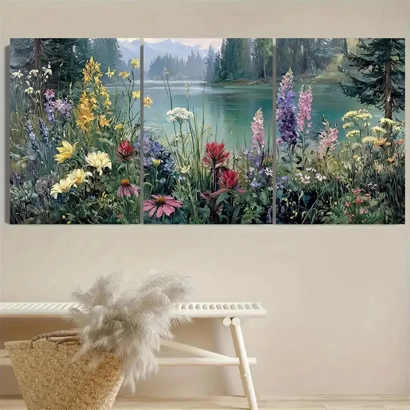 3pcs Wildflowers Along the River Botanical Wall Art Set Canvas Framed 50x70cm - High Quality Print 100% Australian Made Wall Canvas Ready to Hang