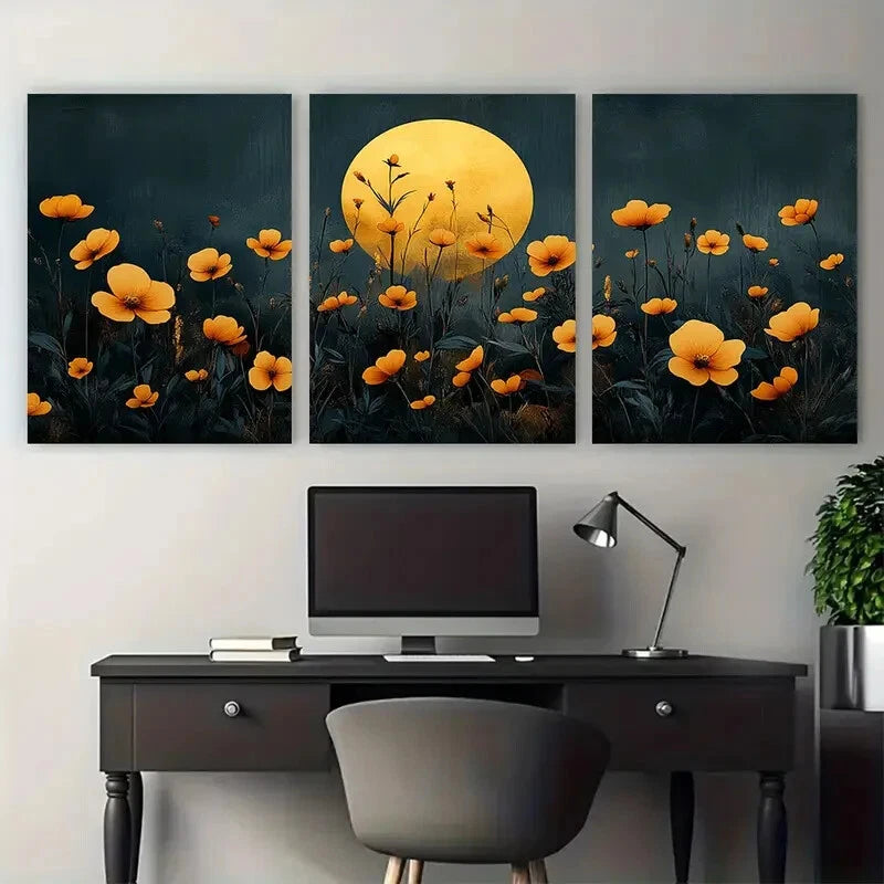 3pcs Abstract Floral Design with Golden Circle Metal Print Ready to Hang Art - Bella Home Decor