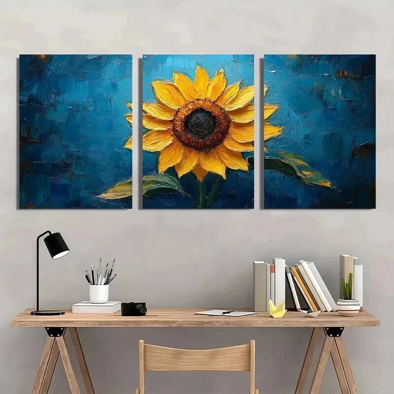 3pcs Van Gogh Sunflower with Blue Background Wall Art Set Canvas Framed 50x70cm - High Quality Print 100% Australian Made Wall Canvas Ready to Hang - Bella Home Decor