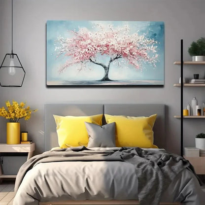 Bedroom with a large abstract painting of a tree on the wall, featuring pink and white blossoms.