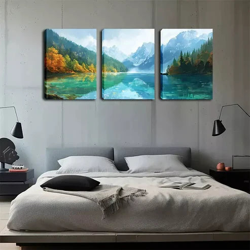 3pcs Vibrant Green Lake and Mountain Landscape Wall Art Canvas Unframed - High Quality Print 100% Australian Made Wall Canvas