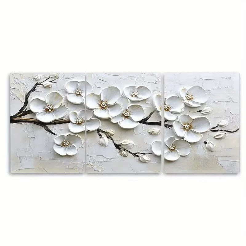 3pcs White Blossom Textured Floral Botanical Metal Print Ready to Hang Art - Bella Home Decor