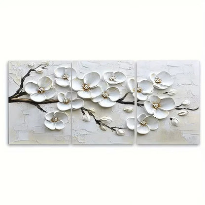 3pcs White Blossom Textured Floral Botanical Metal Print Ready to Hang Art - Bella Home Decor