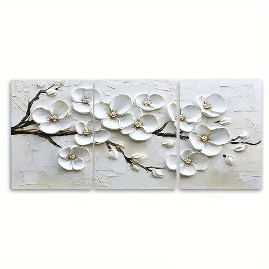 3pcs White Blossom Textured Floral Botanical Metal Print Ready to Hang Art