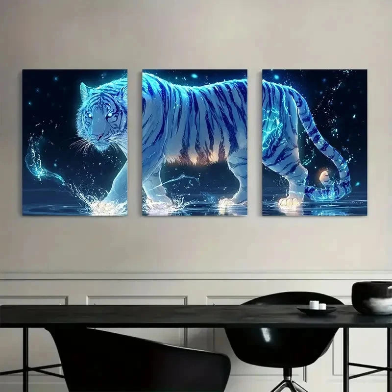 3pcs Glowing White Tiger Hyper-Realistic Metal Print Ready to Hang Art - Bella Home Decor