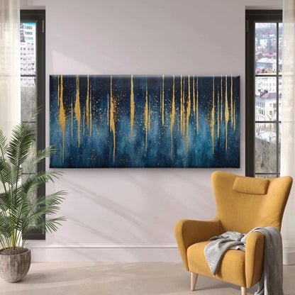 Blue & Golden Abstract Drip Wall Art Canvas Office Home Room Framed 120x60cm