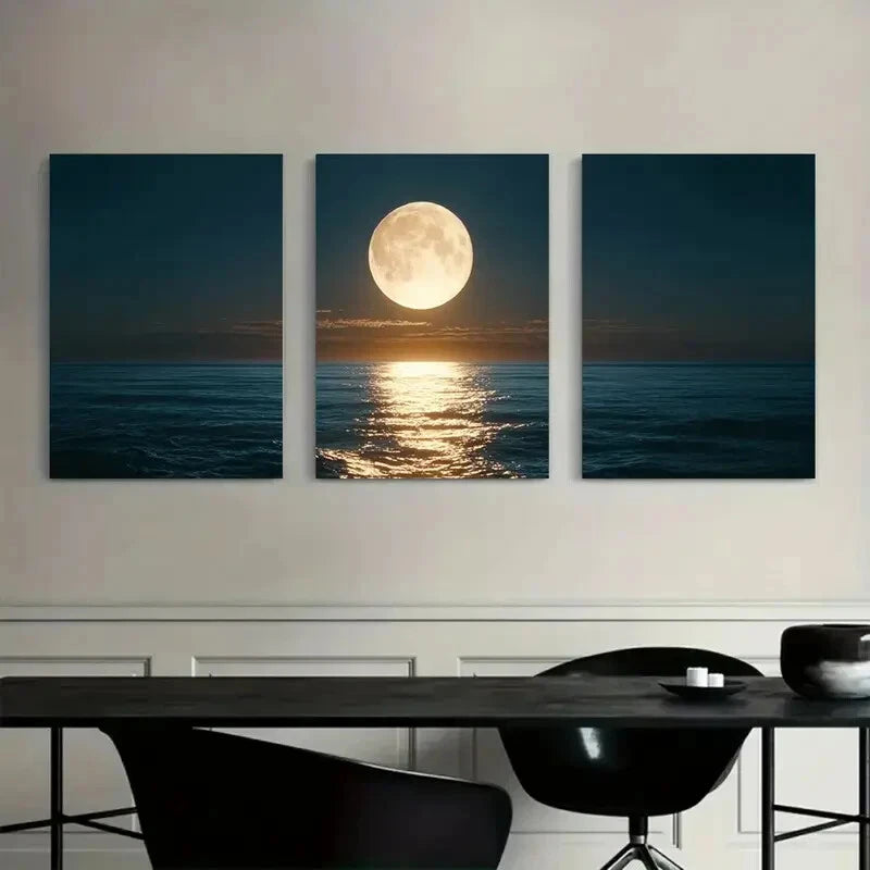 3pcs Full Moon Ocean Golden Reflections Metal Print Ready to Hang Art - Bella Home Decor