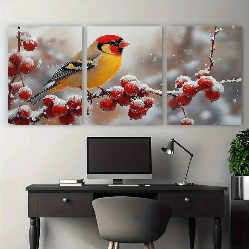 3pcs Goldfinch Small Birds with Fruits Design Metal Print Ready to Hang Art - Bella Home Decor