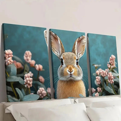 3pcs Boho Rabbit Pink Flowers & Green Leaves F  Wall Art Set Canvas Framed 40x60cm - High Quality Print 100% Australian Made Wall Canvas Ready to Hang - Bella Home Decor