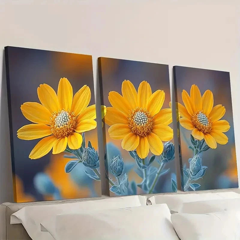 3pcs Yellow Brittlebrush Flower FG Wall Art Set Canvas Framed 40x60cm - High Quality Print 100% Australian Made Wall Canvas Ready to Hang