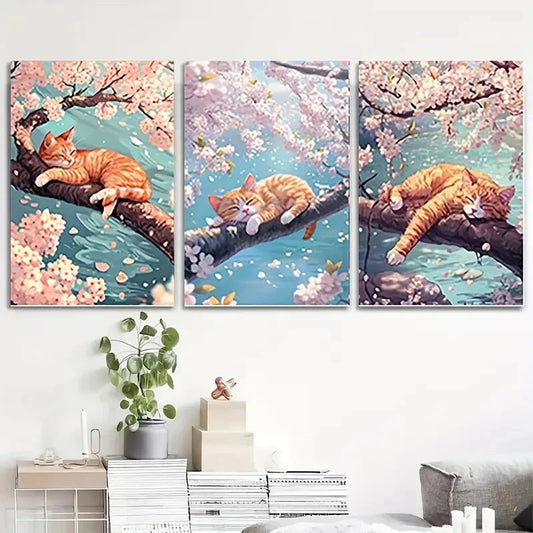 3pcs Charming Sleeping Cat Wall Art Set Canvas Framed 50x70cm - High Quality Print 100% Australian Made Wall Canvas Ready to Hang