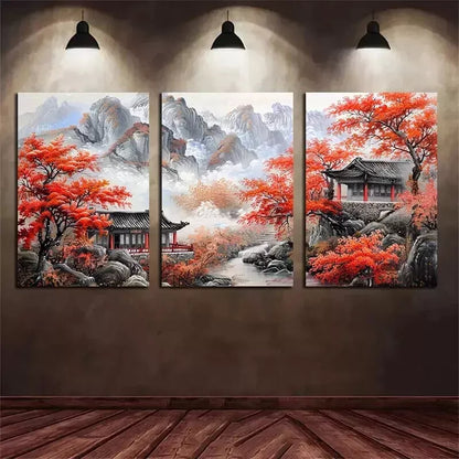 3pcs Oil Painting Chinese Style Landscape Wall Art Set Canvas Framed 50x70cm - High Quality Print 100% Australian Made Wall Canvas Ready to Hang