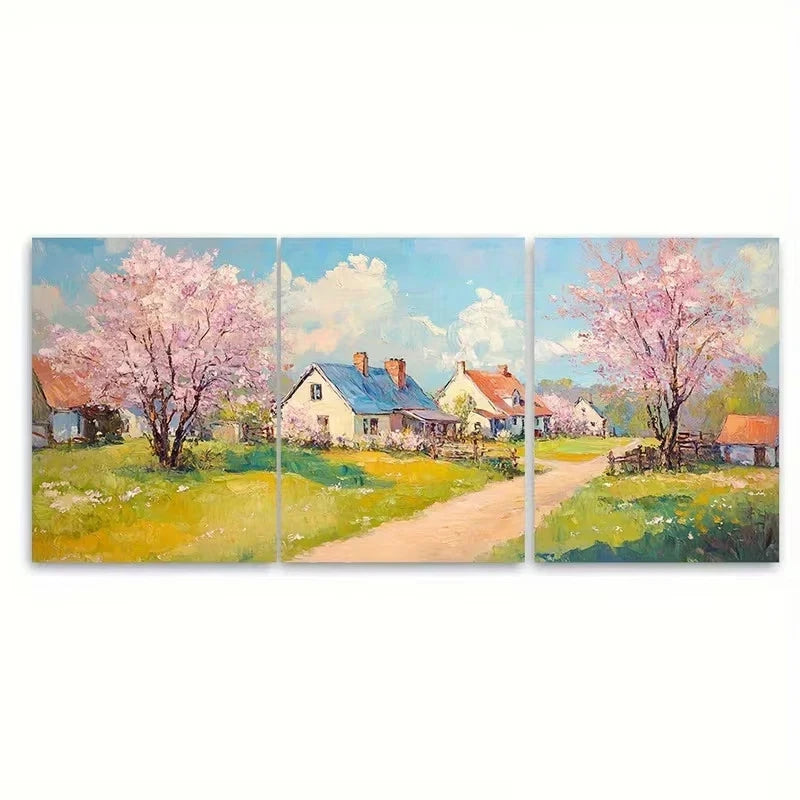 3pcs Country Cottage Spring Blooming Landscape Wall Art Set Canvas Framed 50x70cm - High Quality Print 100% Australian Made Wall Canvas Ready to Hang - Bella Home Decor