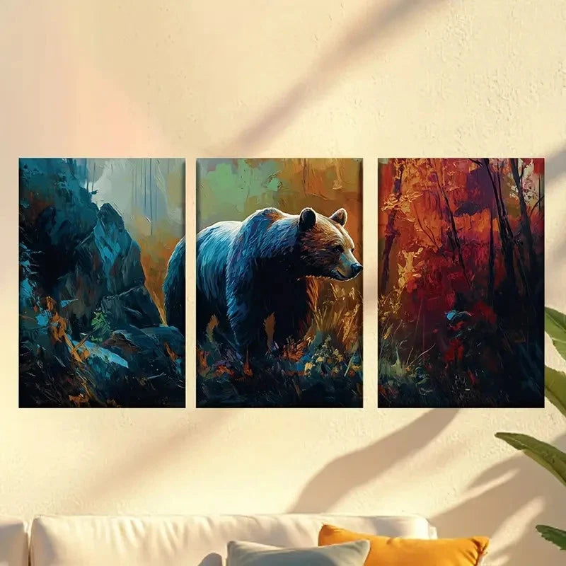 3pcs Bear in Forest Wall Art Set Canvas Framed 50x70cm - High Quality Print 100% Australian Made Wall Canvas Ready to Hang - Bella Home Decor