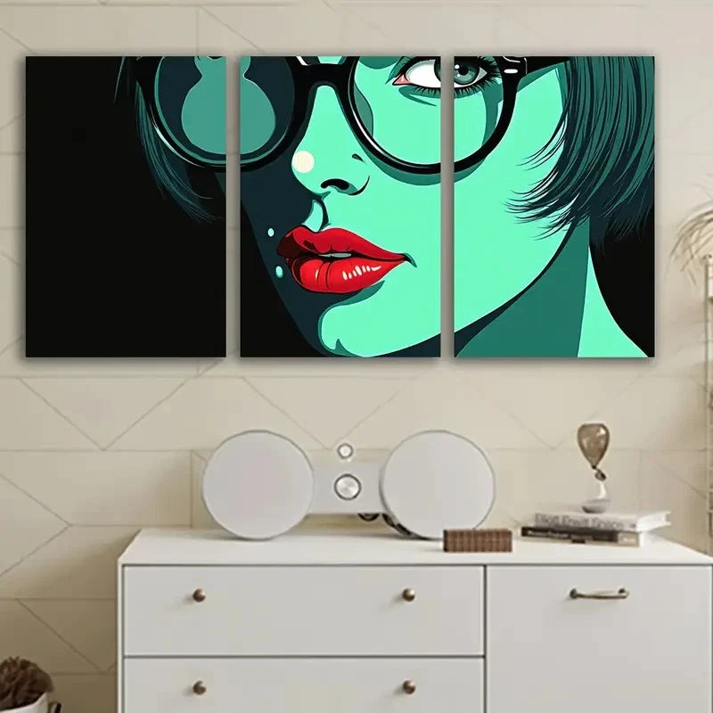 3pcs Vibrant Green Woman With Glasses Portrait Wall Art Set Canvas Framed 60x90cm - High Quality Print 100% Australian Made Wall Canvas Ready to Hang