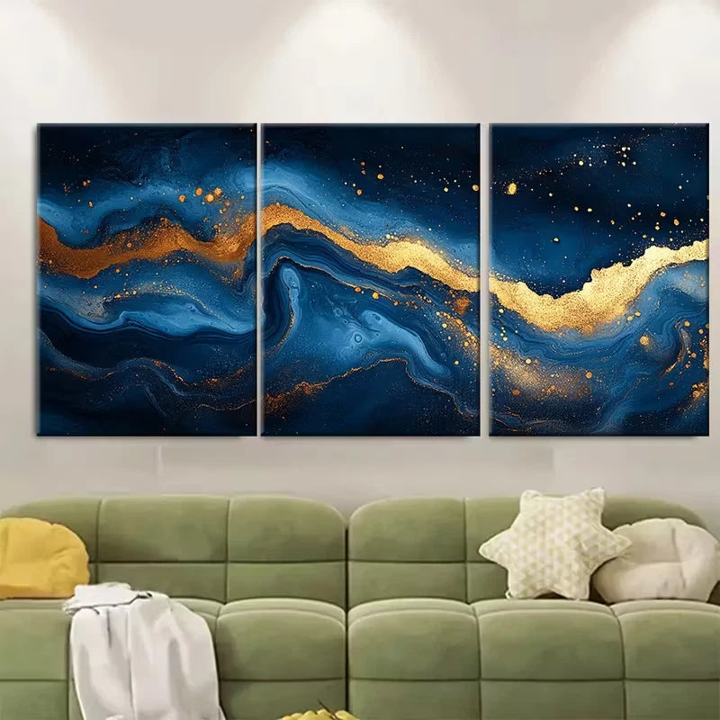 3pcs Elegant Blue and Golden Marbled Abstract Metal Print Ready to Hang Art
