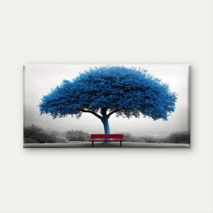 Blue Tree & Red Bench Landscape Wall Art Canvas Office Home Room Framed 120x60cm
