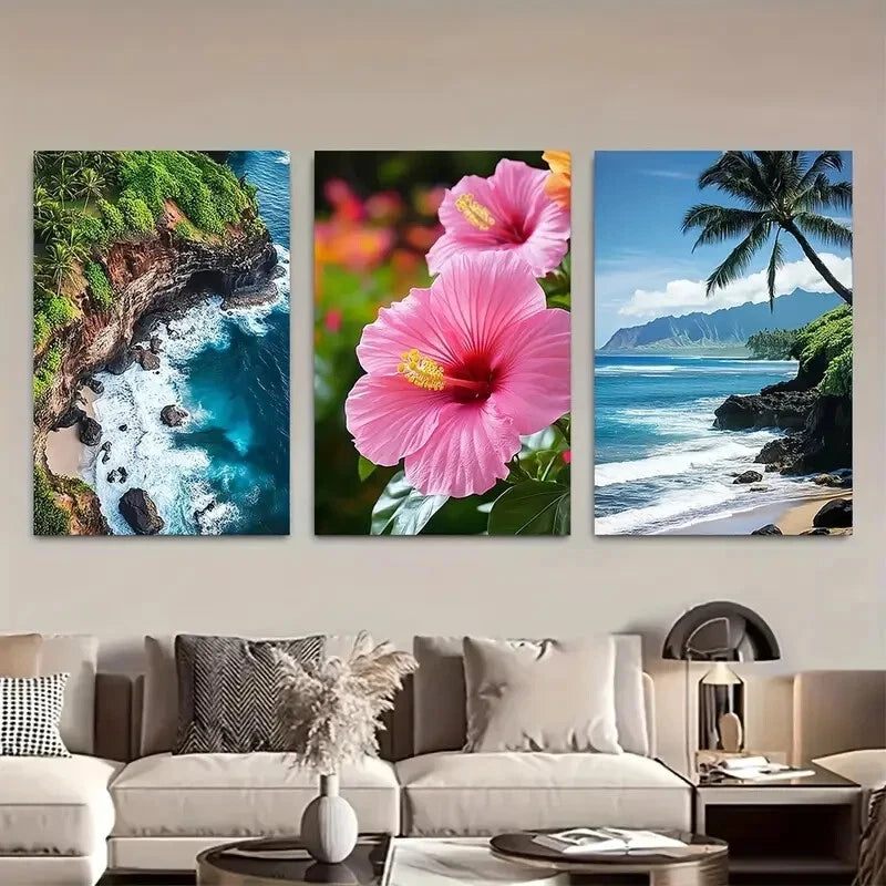 3pcs Hawaii Beach with Palm Trees and Ocean Waves Metal Print Ready to Hang Art - Bella Home Decor