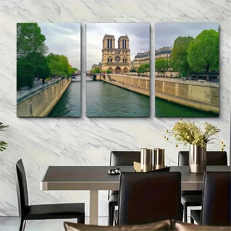 3pcs Tower & Seine River Scene Décor Perfect Wall Art Set Canvas Framed 50x70cm - High Quality Print 100% Australian Made Wall Canvas Ready to Hang