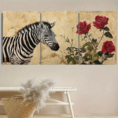 3pcs Zebra and Roses Wall Art Set Canvas Framed 50x70cm - High Quality Print 100% Australian Made Wall Canvas Ready to Hang