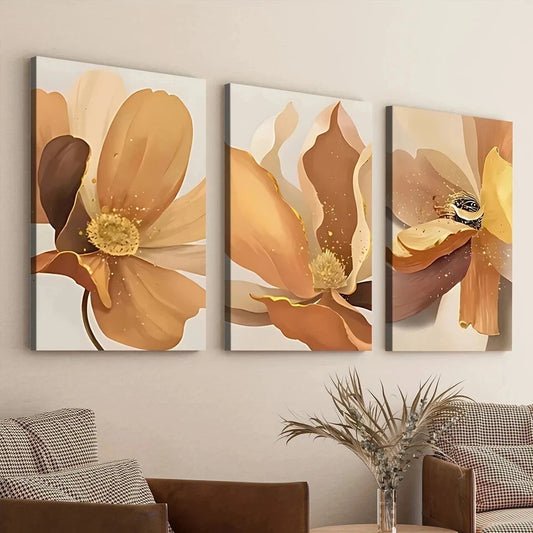 3pcs Abstract Art Floral Elegant Yellow & Gold Wall Art Set Canvas Framed 50x70cm - High Quality Print 100% Australian Made Wall Canvas Ready to Hang
