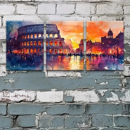 3pcs Vibrant Watercolor Colosseum Sunset  Art Set Canvas Unframed - High Quality Print 100% Australian Made Wall Canvas