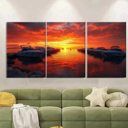 3pcs Boats Docked Under Fiery Orange Sunset ET  Wall Art Set Canvas Framed 60x90cm - High Quality Print 100% Australian Made Wall Canvas Ready to Hang - Bella Home Decor