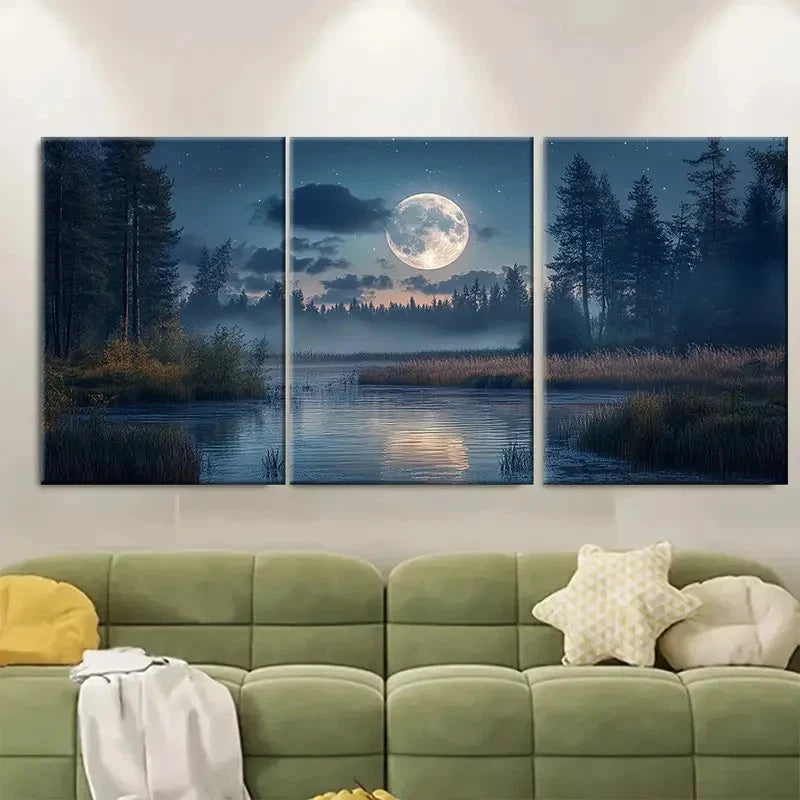 3pcs Moon Over Woodland Picture VI  Wall Art Set Canvas Framed 60x90cm - High Quality Print 100% Australian Made Wall Canvas Ready to Hang