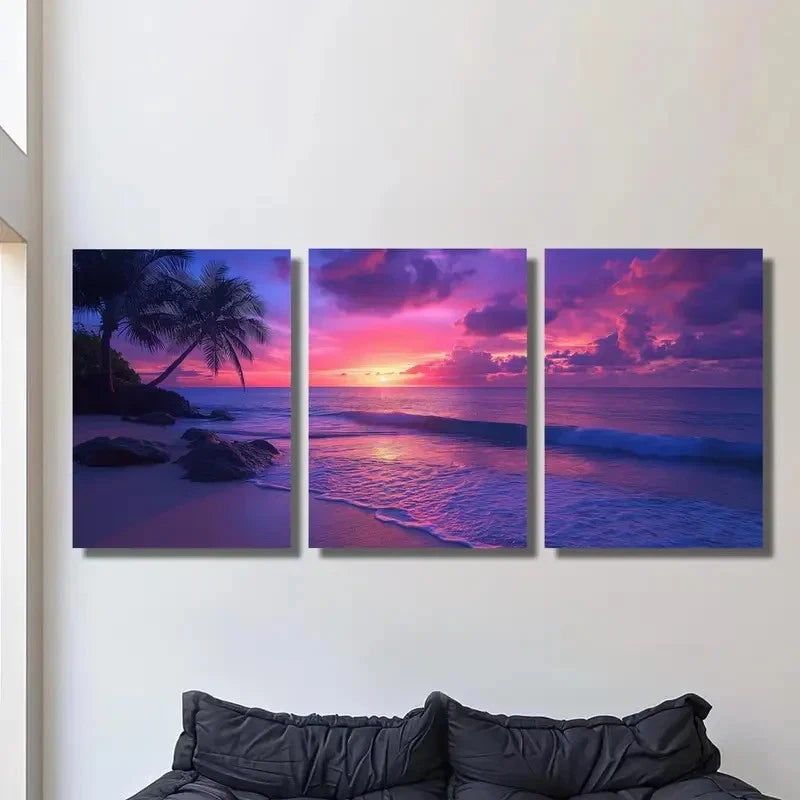 3pcs Palm Trees Ocean Beach Sunset Clouds Tropical Metal Print Ready to Hang Art - Bella Home Decor
