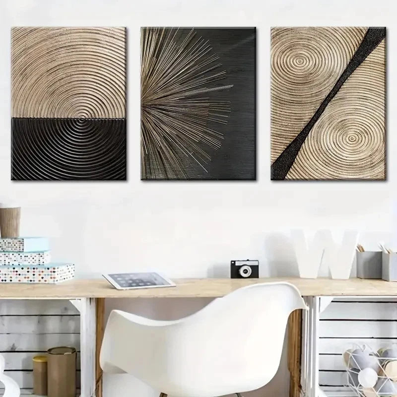 3pcs Black Beige & White Swirling Patterns Metal Print Ready to Hang Art - Bella Home Decor