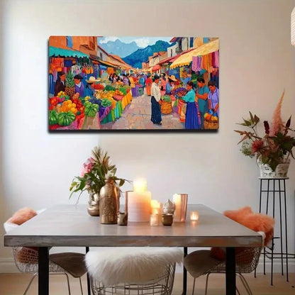 Vibrant Market Scene Colorful Wall Art Canvas Office Home Room Framed 120x60cm