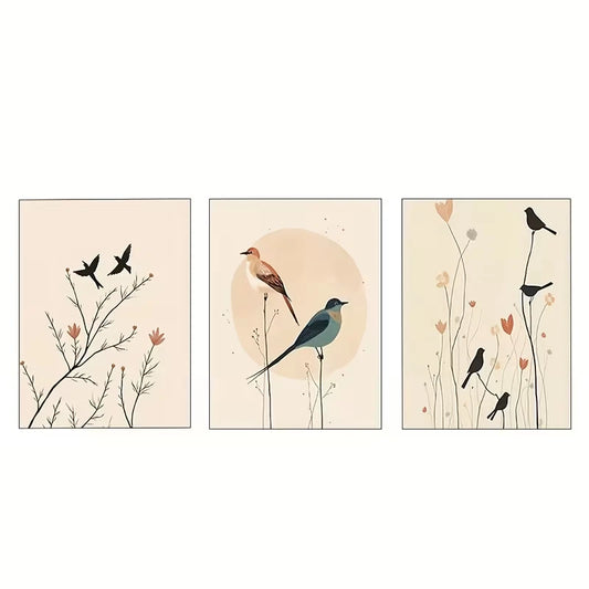 3pcs Three Minimalist Boho Birds Art Panels Wall Art Set Canvas Framed 50x70cm - High Quality Print 100% Australian Made Wall Canvas Ready to Hang