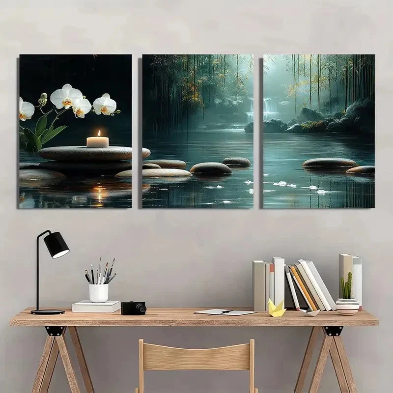 3pcs Bamboo Forest and River Water Painting Wall Art Set Canvas Framed 60x90cm - High Quality Print 100% Australian Made Wall Canvas Ready to Hang - Bella Home Decor