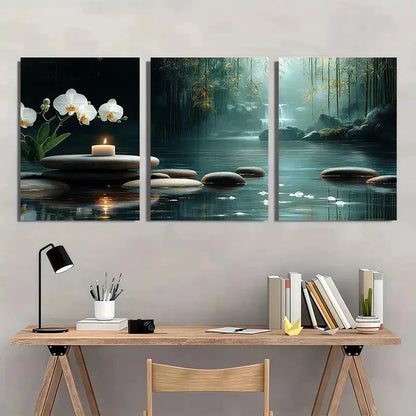 3pcs Bamboo Forest and River Water Painting Wall Art Set Canvas Framed 60x90cm - High Quality Print 100% Australian Made Wall Canvas Ready to Hang - Bella Home Decor