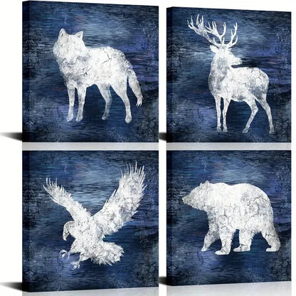 4pcs Wolf, Deer, Moose, Bear - Blue Forest Wall Art Canvas Framed