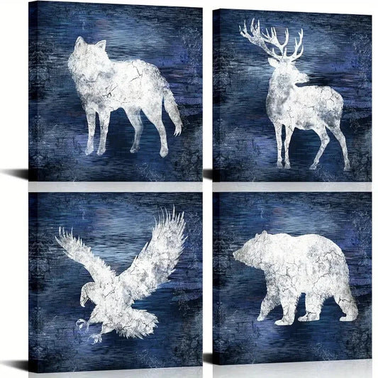 4pcs Wolf, Deer, Moose, Bear - Blue Forest Wall Art Canvas Framed