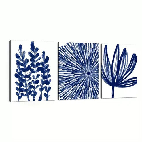3pcs Vibrant Blue Abstract & Floral Wall Art Set Canvas Unframed - High Quality Print 100% Australian Made Wall Canvas