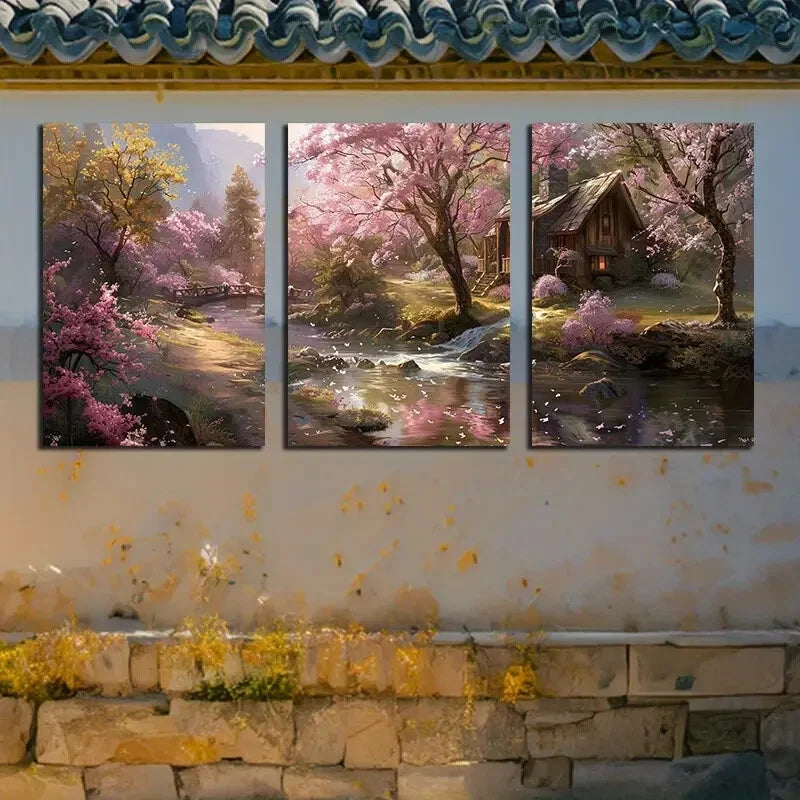 3pcs Vibrant Houses By The Creek with Pink Florals Metal Print Ready to Hang Art - Bella Home Decor