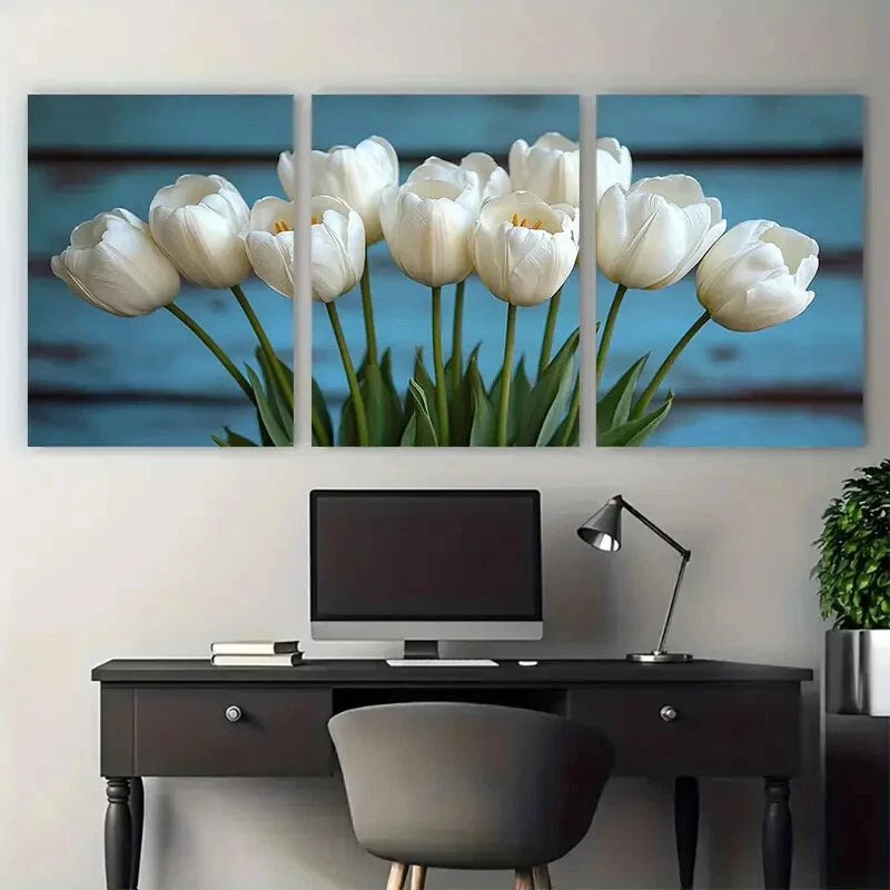 3pcs Elegant White Tulips with Leaves Illustration Metal Print Ready to Hang Art - Bella Home Decor