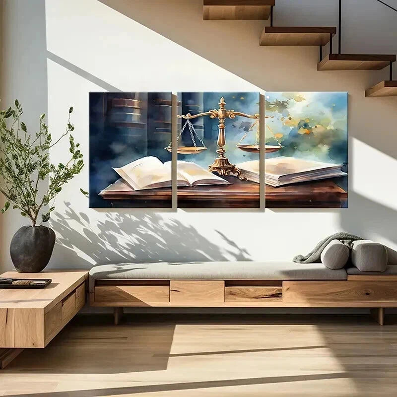 3pcs Golden Scales & Open Books Lawyers Office Wall Art Set Canvas Framed 60x90cm - High Quality Print 100% Australian Made Wall Canvas Ready to Hang - Bella Home Decor