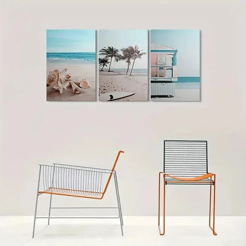 3pcs Palm Trees Seashells & Surfboard Wall Art Canvas Unframed - High Quality Print 100% Australian Made Wall Canvas