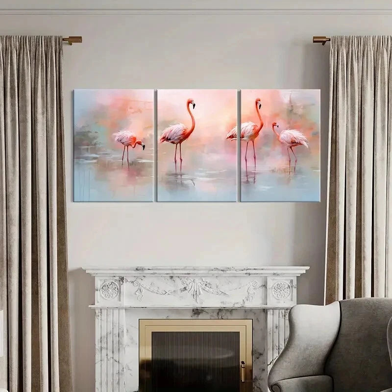 3pcs Pink Flamingo Abstract Animal Art Soft Colors Metal Print Ready to Hang Art - Bella Home Decor
