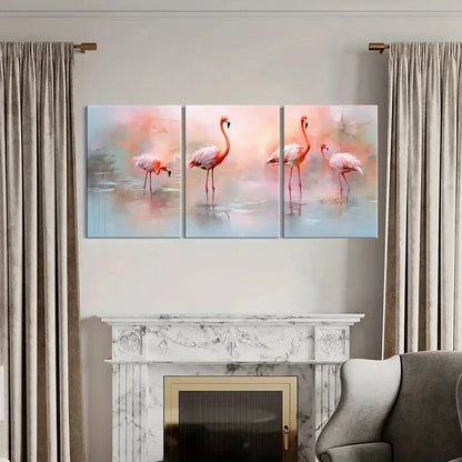 3pcs Pink Flamingo Abstract Animal Art Soft Colors Metal Print Ready to Hang Art - Bella Home Decor