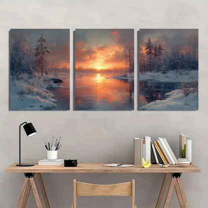 3pcs Frozen Lake Sunset Landscape Painting Metal Print Ready to Hang Art - Bella Home Decor