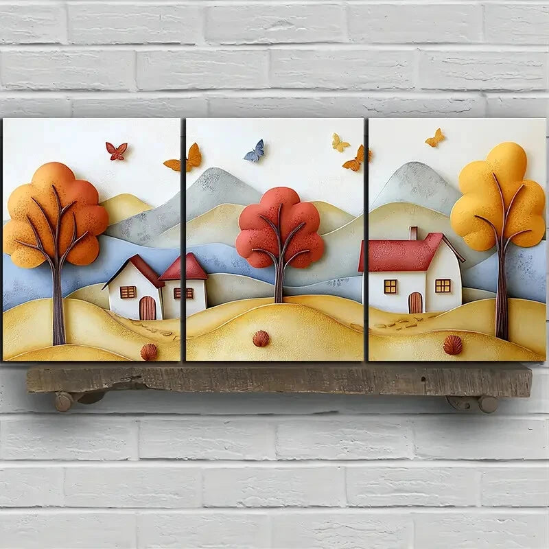 3pcs Colourful Mountains And Cabins Metal Print Ready to Hang Art - Bella Home Decor