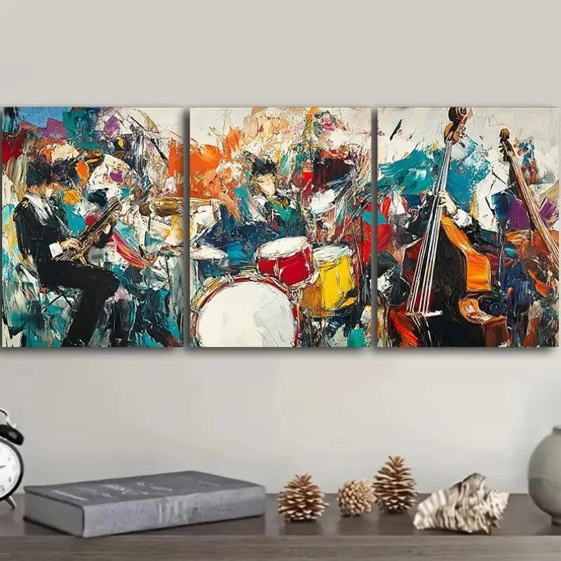 3pcs Vibrant Painting Set Drum Band Metal Print Ready to Hang Art - Bella Home Decor