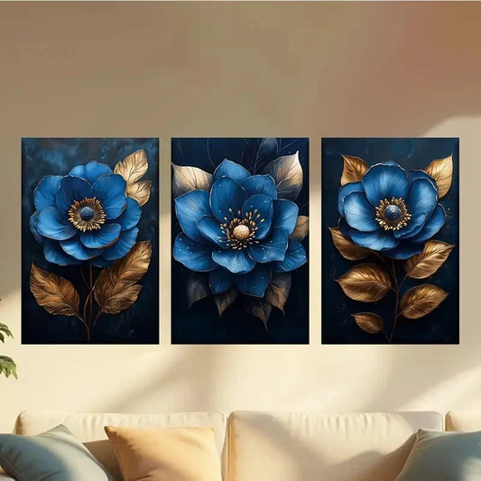 3pcs Blue flowers and Golden leaves Wall Art Set Canvas Framed 60x90cm - High Quality Print 100% Australian Made Wall Canvas Ready to Hang