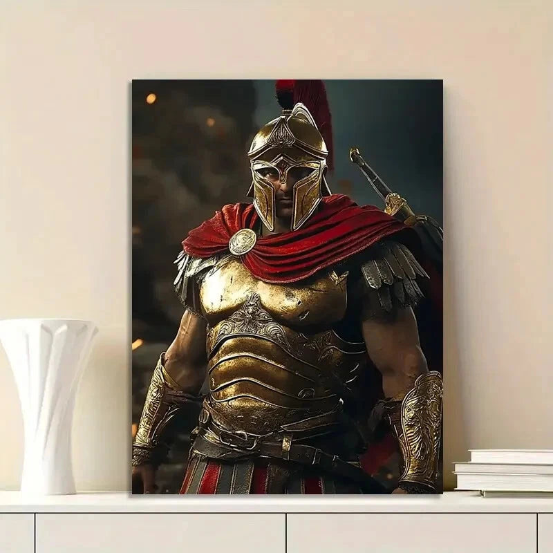 Greek Spartan Warrior In Golden Armor with a Red Cloak  40x60cm Metal Print Ready to Hang